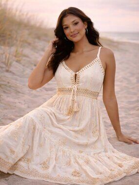 Cream Boho Maxi Dress | Gold Embroidered Flowy Summer Coastal Resort Dress